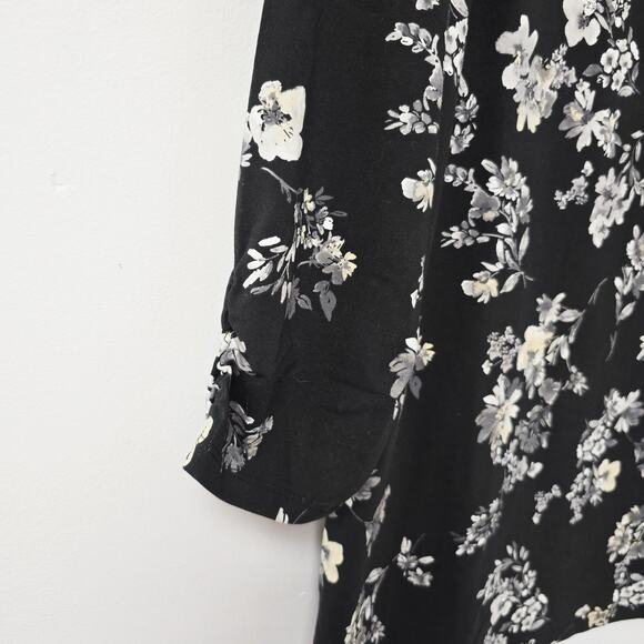 Isaac Mizrahi Live Top 1X Printed Floral Black Mock Neck Shirred 3/4 Slv Stretch - Picture 4 of 11